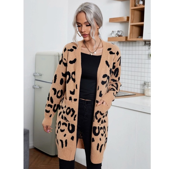 Cheetah Print Camel Tan Open Cardigan Thigh Length Long Sleeve - Picture 4 of 7